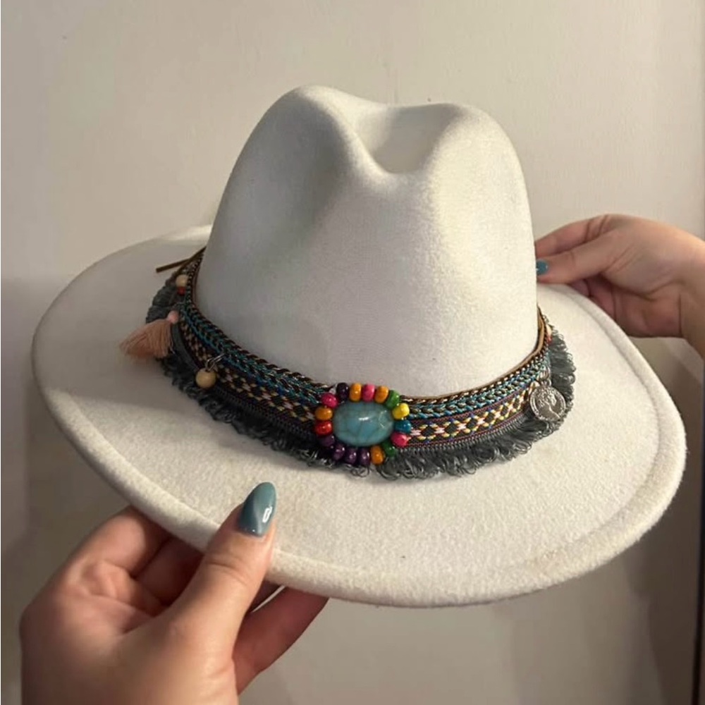 EARTHBOUND White Fedora with Colorful Beaded Band